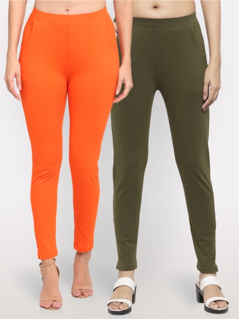 

NEUDIS Women Pack Of 2 Orange & Olive Solid Ankle-Length Leggings