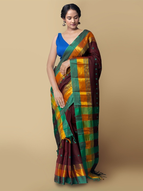 

Unnati Silks Burgundy & Yellow Ethnic Motifs Zari Silk Cotton Narayan Peth Saree