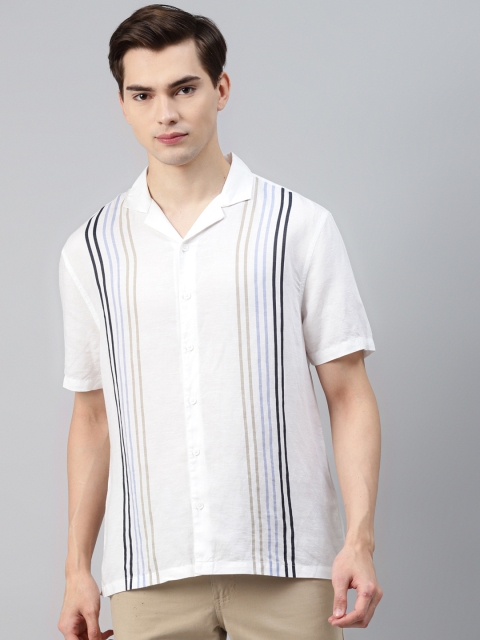 

Marks & Spencer Men White Linen Cotton Striped Casual Shirt