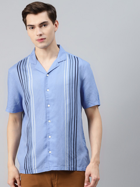 

Marks & Spencer Men Blue Striped Linen Blend Casual Shirt