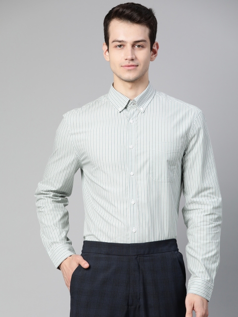 

Marks & Spencer Men Green & White Striped Pure Cotton Formal Shirt