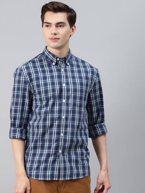 

Marks & Spencer Men Navy Blue & Off-White Pure Cotton Checked Casual Shirt
