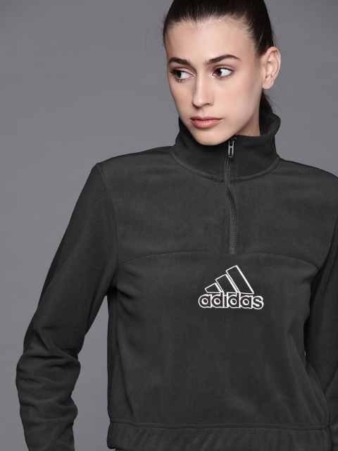 

ADIDAS Women Black Brand Love Polar Fleece Embroidered Logo Sustainable Sweatshirt