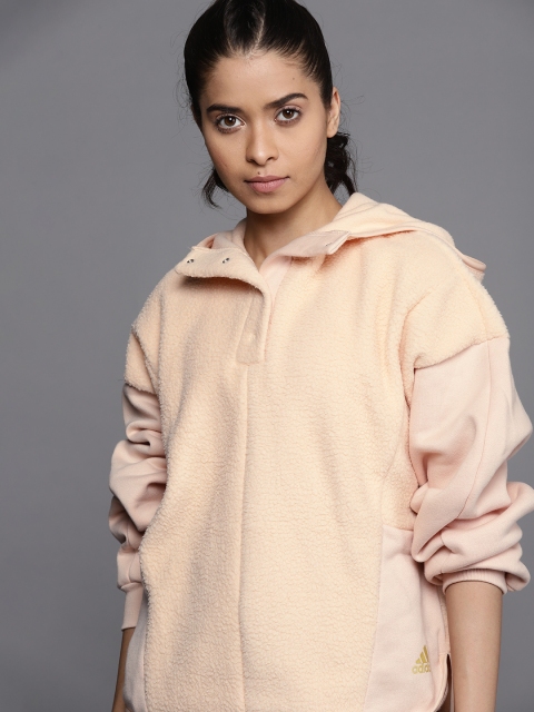 

ADIDAS Women Peach-Coloured Solid Essentials Golden Logo Sherpa Sustainable Hoodie
