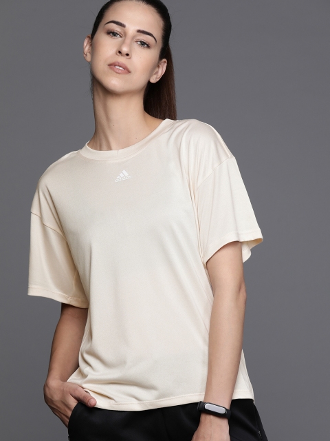 

ADIDAS Women Cream-Coloured Training 3-Stripes Solid T-shirt