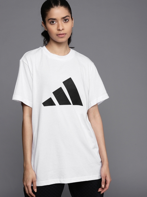 

ADIDAS Women White Brand Logo Printed Future Icon Drop-Shoulder Sleeves Outdoor Sustainable T-shirt