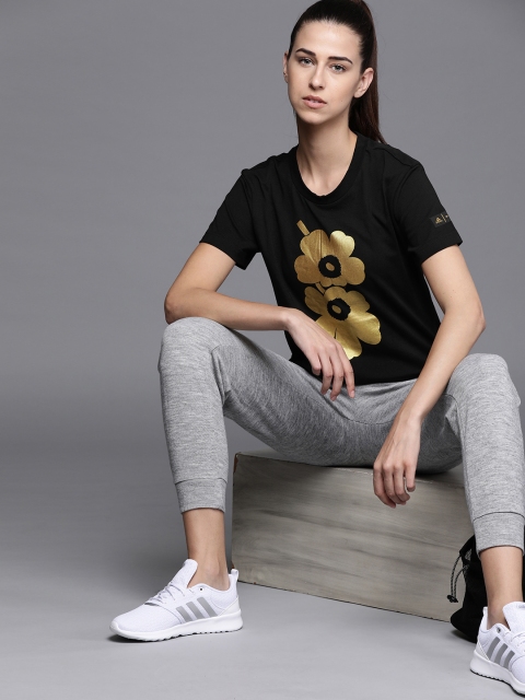 

ADIDAS Women Black Golden Sportswear Marimekko GFX2 Printed Pure Cotton Sustainable T-shirt