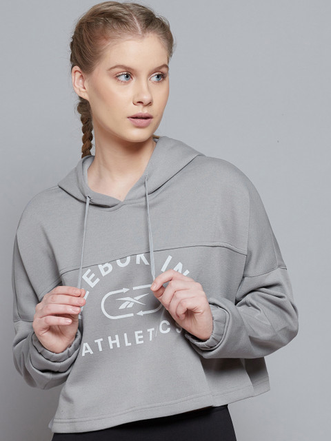 

Reebok Women Grey Brand Logo Workout Ready Performance Coverup Hooded Training Sweatshirt