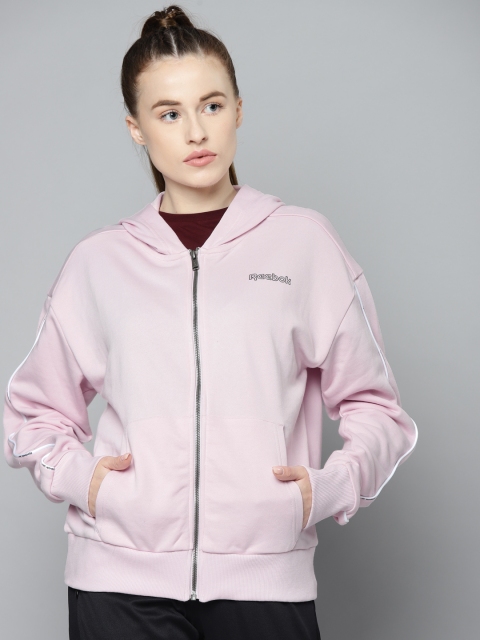 

Reebok Women Pink Brand Logo Printed TE PIPING FULL Hooded Sweatshirt