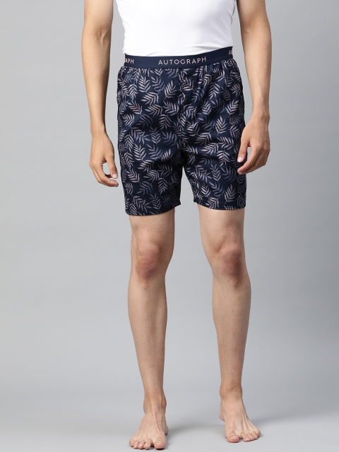 

Marks & Spencer Men Navy Blue & Peach-Coloured Printed Lounge Shorts
