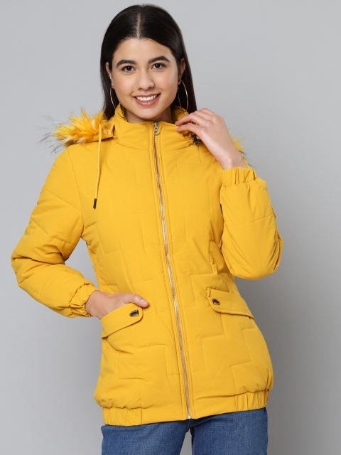 

Fort Collins Women Mustard Yellow Solid Parka Detachable Hood Jacket