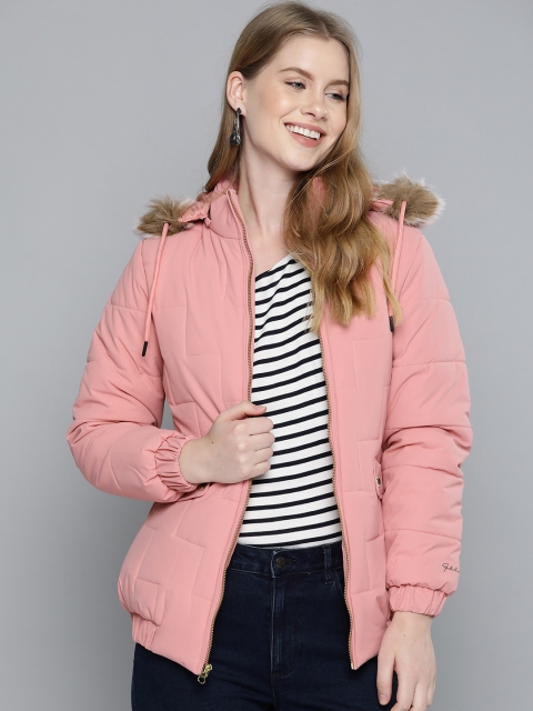 

Fort Collins Women Pink Solid Parka Detachable Hood Jacket