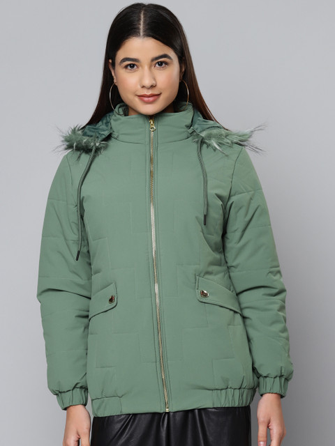 

Fort Collins Women Green Solid Hooded Faux Fur Trim Parka Jacket