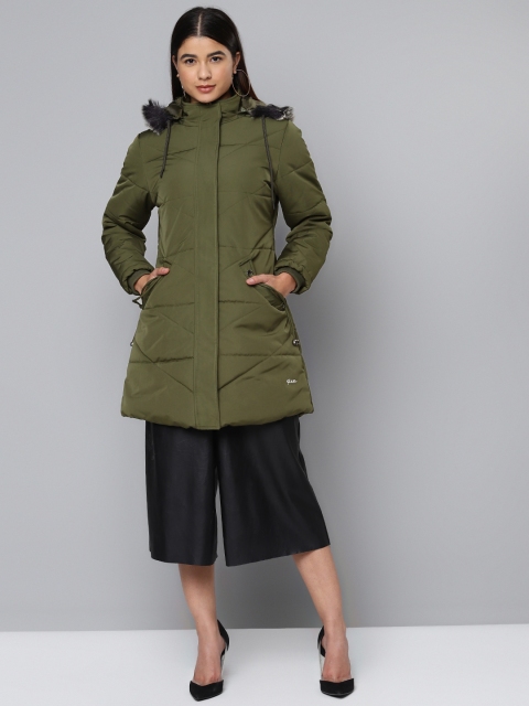 

Fort Collins Women Olive Green Solid Longline Bomber Jacket