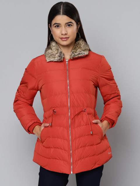 

Fort Collins Women Orange Solid Faux Fur Trim Padded Jacket