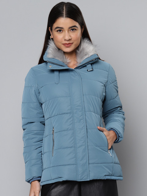 

Fort Collins Women Blue Solid Padded Jacket with Faux Fur Collar