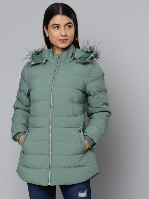 

Fort Collins Women Green Solid Hooded Longline Parka Jacket