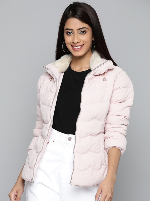 

Fort Collins Women Pink Solid Puffer Jacket with Faux Fur Collar