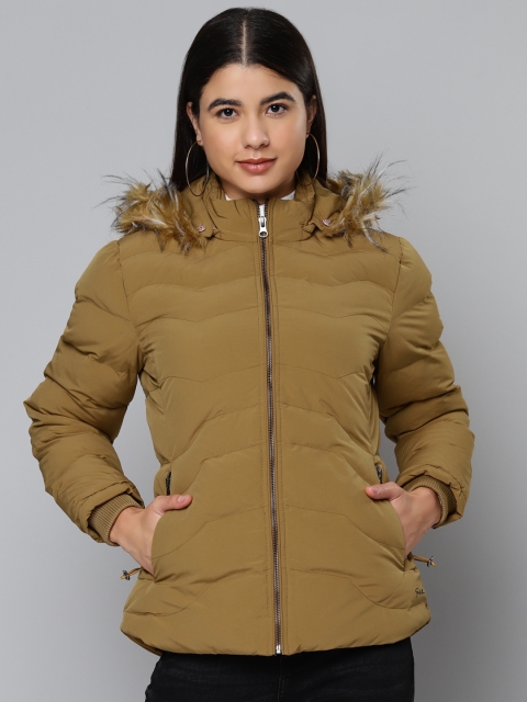 

Fort Collins Women Mustard Brown Solid Parka Jacket with Detachable Hood