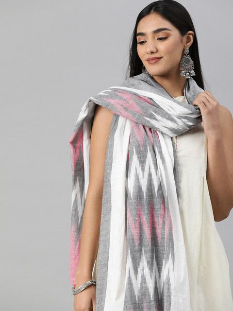 

swatika White & Pink Woven Design Pure Cotton Bhagalpuri Dupatta