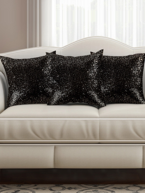 

SEJ by Nisha Gupta Black Set of 3 Sequinned 16'' x 16'' Silk Square Cushion Covers