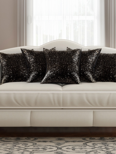 

SEJ by Nisha Gupta Black Set of 5 Sequinned 16'' x 16'' Silk Square Cushion Covers