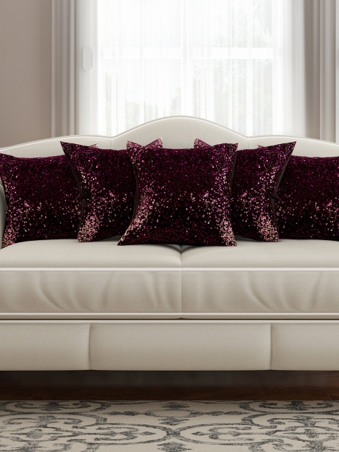 

SEJ by Nisha Gupta Purple Set of 5 Sequinned 16'' x 16'' Silk Square Cushion Covers