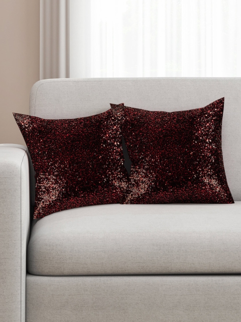

SEJ by Nisha Gupta Red & Black Set of 2 Sequinned 16'' x 16'' Silk Square Cushion Covers