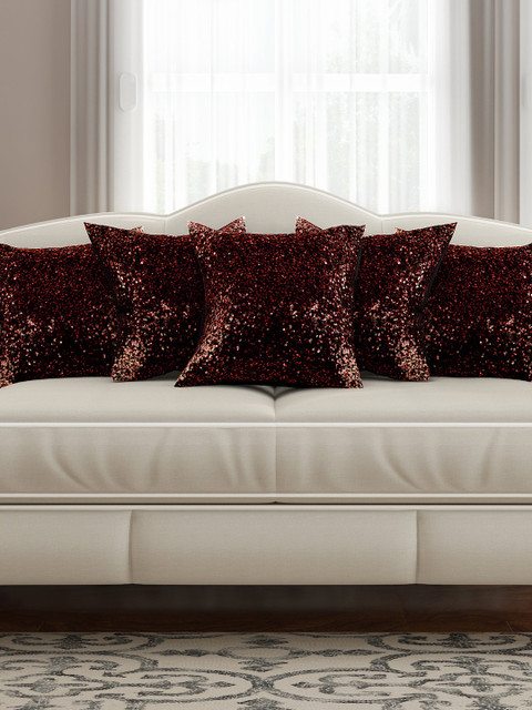 

SEJ by Nisha Gupta Red & Black Set of 5 Sequinned 16'' x 16'' Silk Square Cushion Covers