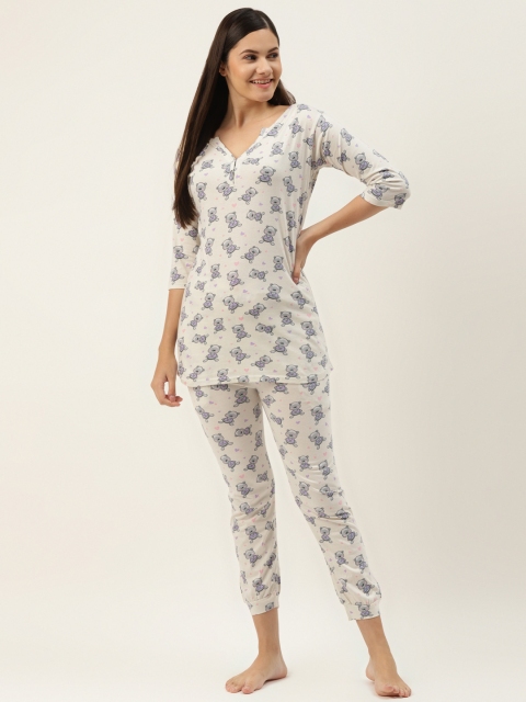 

MRASIS Women Cream-Coloured & Grey Printed Pure Cotton Pyjamas Set
