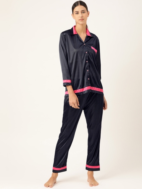 

MRASIS Women Navy Blue Satin Finish Solid Pyjama Set