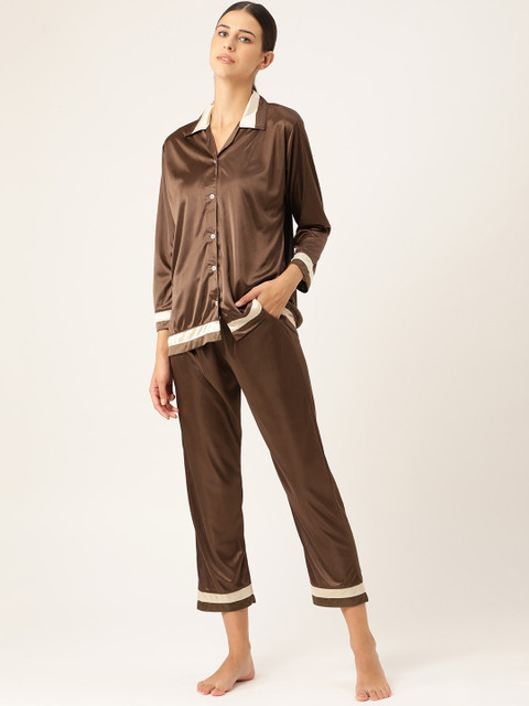 

MRASIS Women Brown Satin Finish Solid Pyjama Set