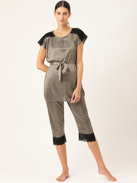 

MRASIS Women Taupe Satin Finish Solid Capri Set