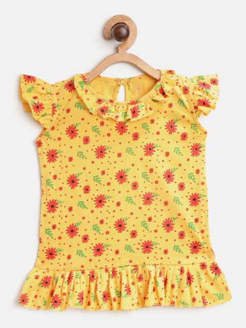

MRASIS Girls Mustard Yellow & Red Floral Print Pure Cotton Nightdress