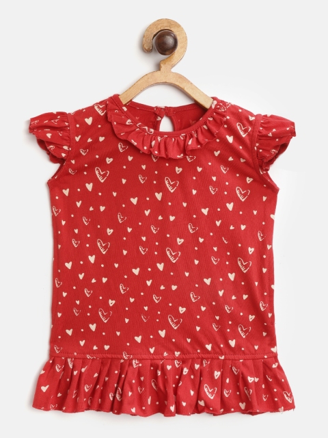 

MRASIS Girls Red & Beige Hearts Print Pure Cotton Nightdress