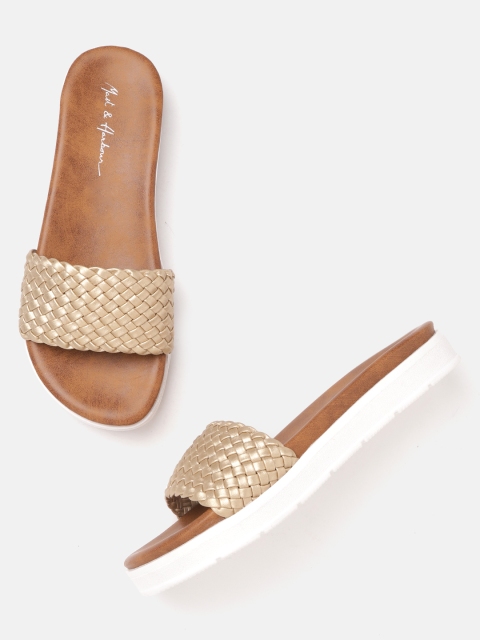 

Mast & Harbour Women Gold-Toned Basketweave Open Toe Flats