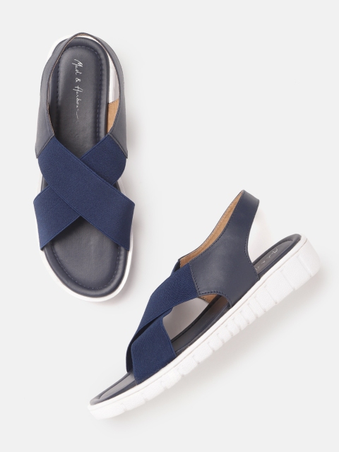 

Mast & Harbour Women Navy Blue Solid Criss-Cross Strap Slingback Open Toe Flats