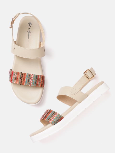 

Mast & Harbour Women Beige & Brown Self-Striped Open Toe Flats