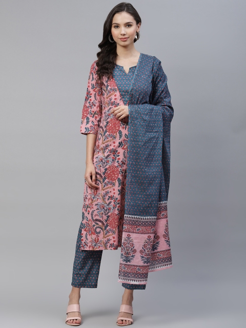 

Yuris Women Pink & Teal Blue Printed Pure Cotton Kurta with Trousers & Dupatta