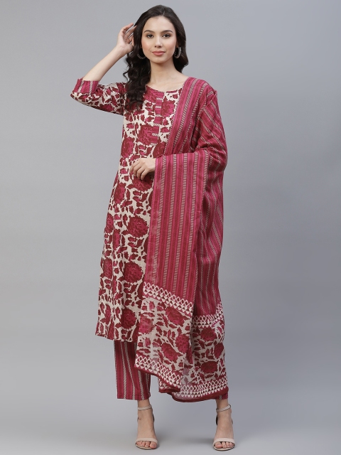 

Yuris Women's Magenta & Beige Pure Cotton Printed Kurta with Trousers & Dupatta, Off white