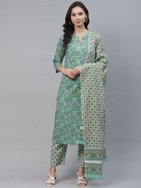 

Yuris Women Sea Green & Navy Blue Printed Pure Cotton Kurta with Trousers & Dupatta