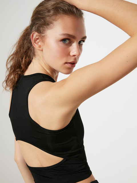 

Trendyol Women Black Self Striped Cut-out Detail Styled Back Crop Top