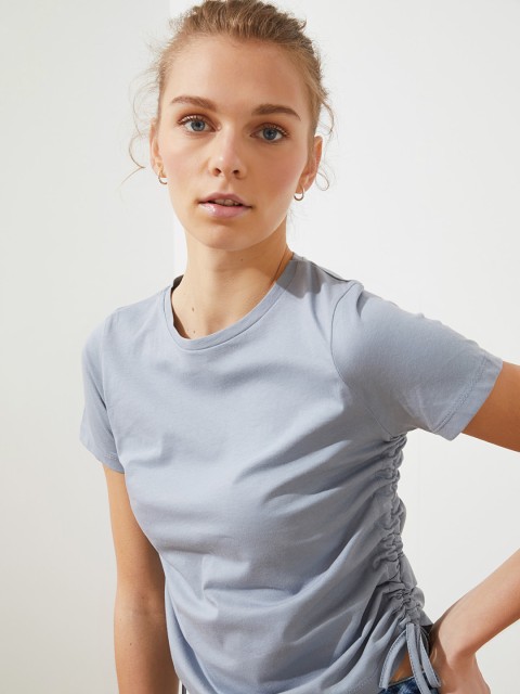 

Trendyol Women Grey Solid Pure Cotton T-shirt