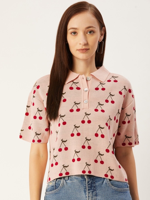 

Trendyol Women Pink Red Floral Printed Polo Collar T-shirt