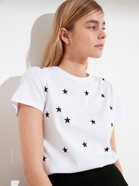 

Trendyol Women White Black Star Printed Cotton T-shirt