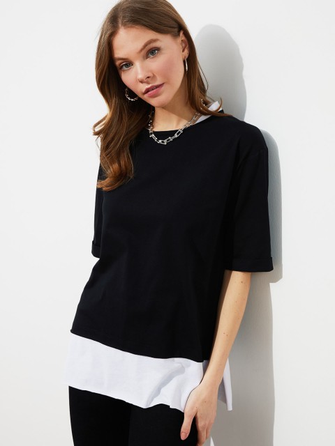

Trendyol Women Black Solid Pure Cotton T-shirt