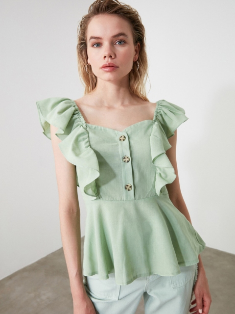 

Trendyol Green Pure Cotton Sweetheart Neck A-Line Top
