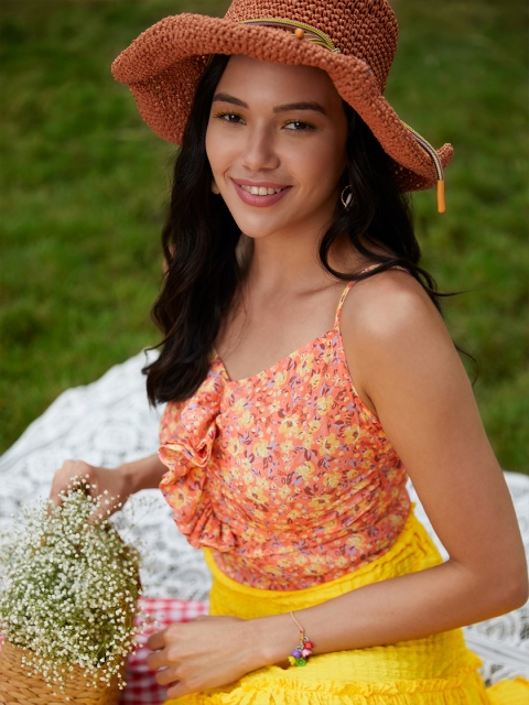 

Trendyol Orange Yellow Floral Smocked Fitted Top