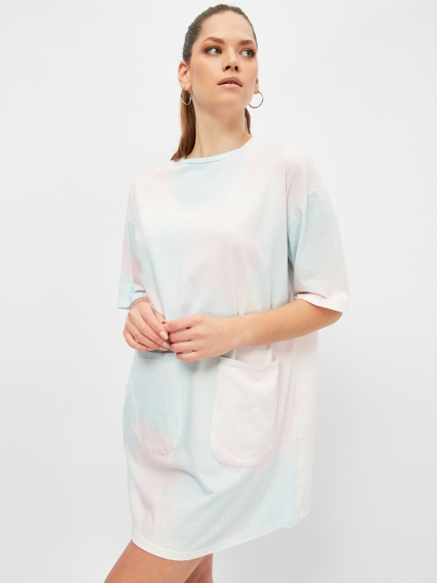 

Trendyol Blue Pink Pure Cotton Tie and Dyed T-shirt Midi Dress