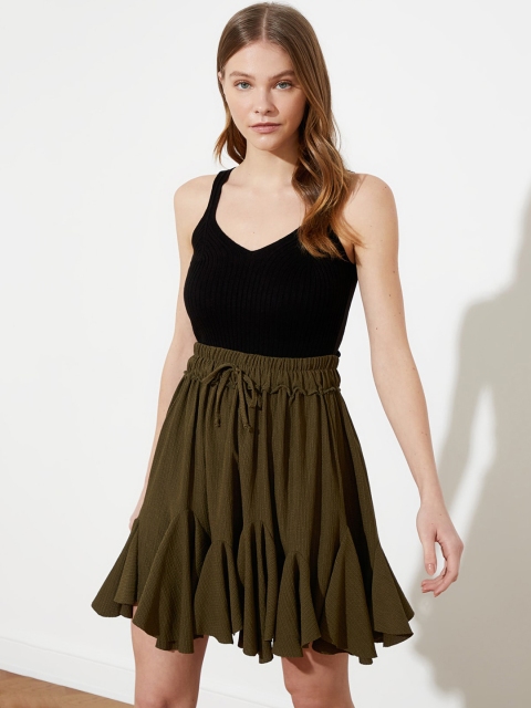 

Trendyol Women Olive Green Self Design A-Line Skirt